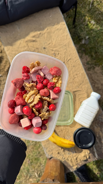 Zdravá svačinová krabička s ovocem, ořechy a kefírem.